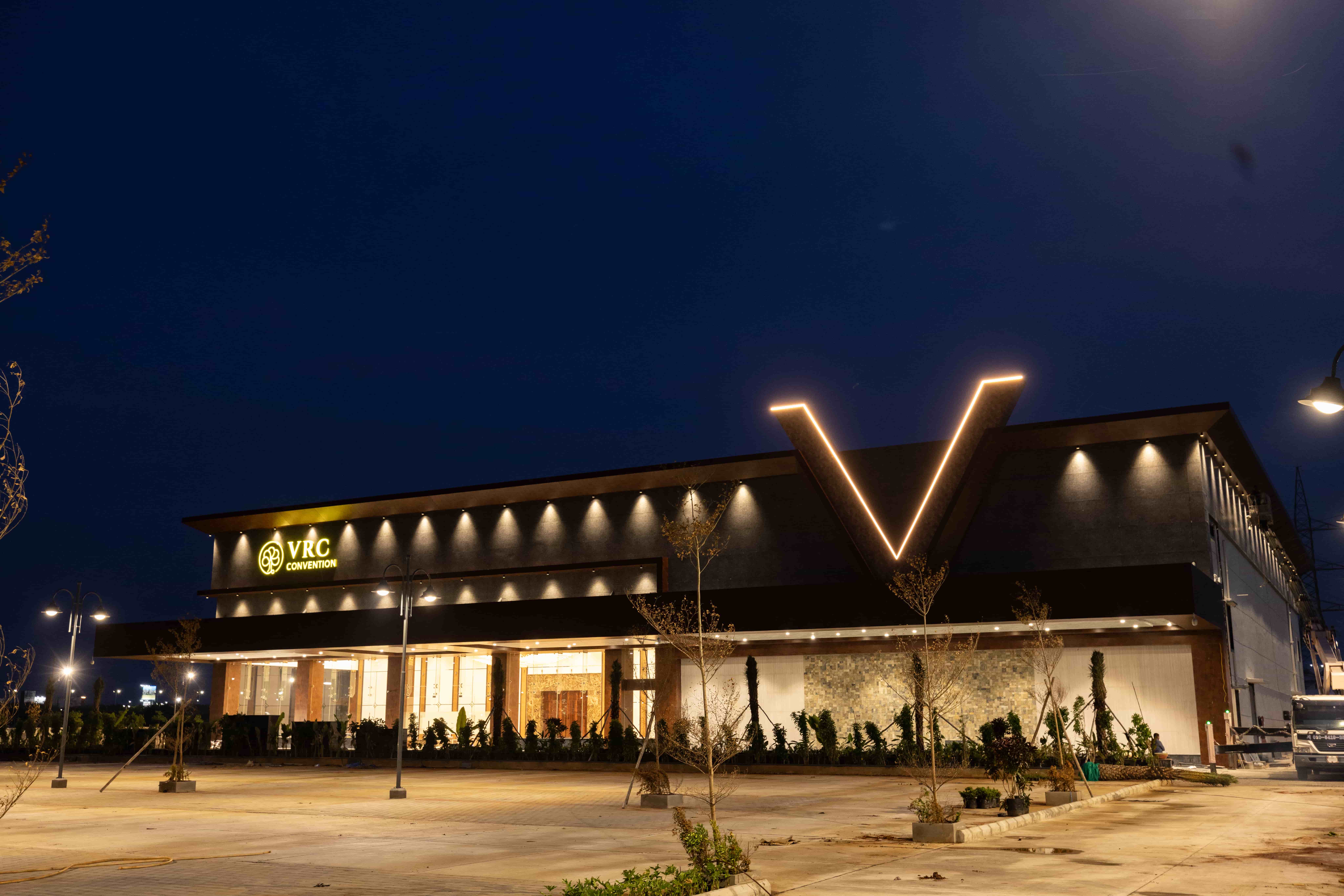 VRC Convention building illuminated at night
