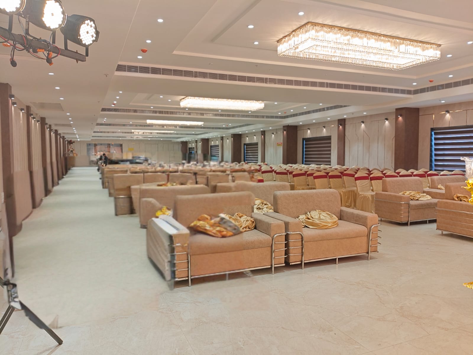 VRC Convention banquet hall with sofa seating and crystal chandeliers